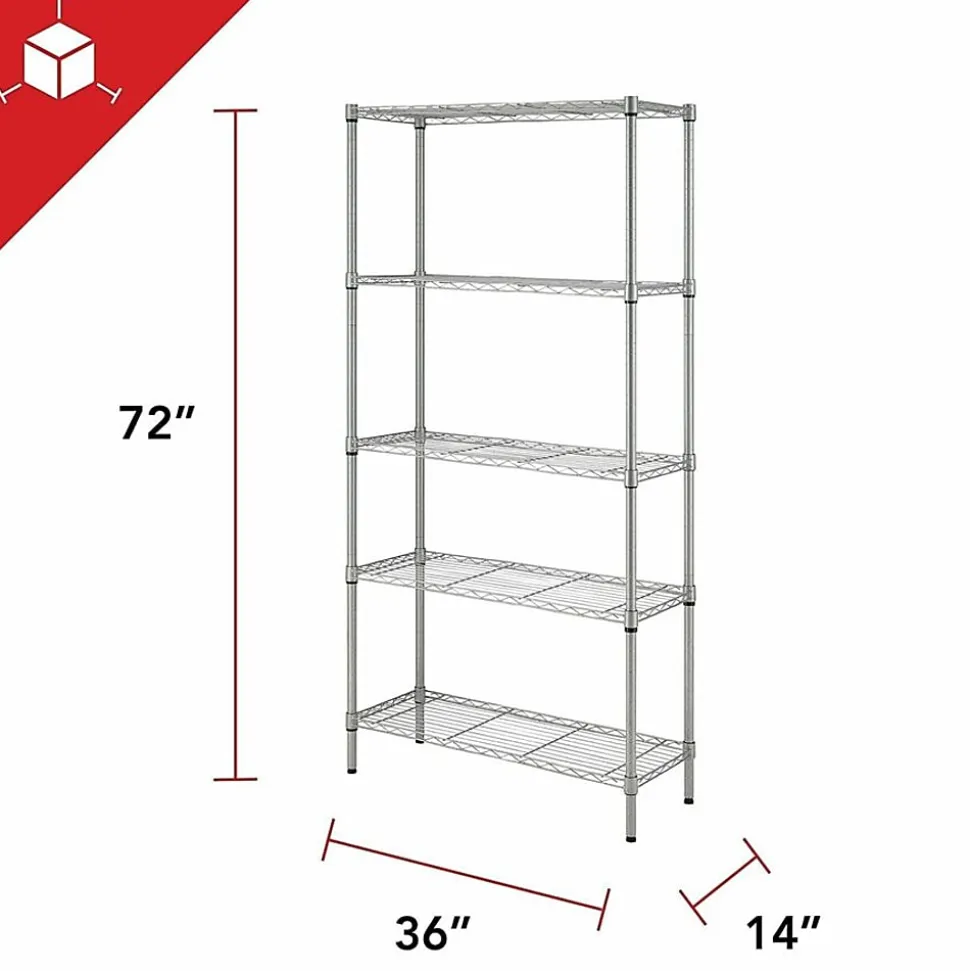 Lorell Light-Duty Wire Shelving, 5 Tier(s), 72"H x 36"W x 14"D, Floor, Epoxy, Silver, Plastic, Metal, Steel