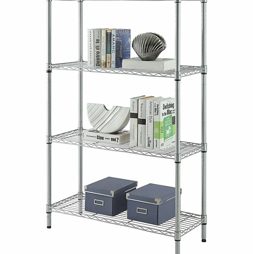 Lorell Light-Duty Wire Shelving, 4 Tier(s), 54"H x 36"W x 14"D, Floor, Sturdy, Epoxy, Silver, Plastic, Metal, Steel