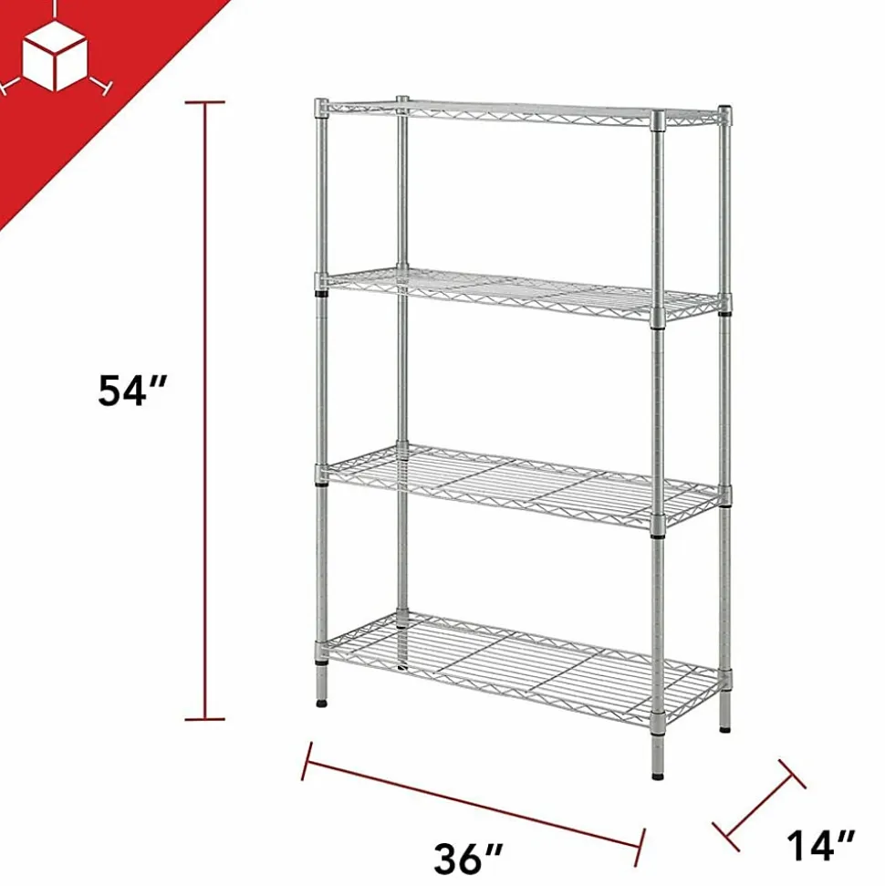 Lorell Light-Duty Wire Shelving, 4 Tier(s), 54"H x 36"W x 14"D, Floor, Sturdy, Epoxy, Silver, Plastic, Metal, Steel