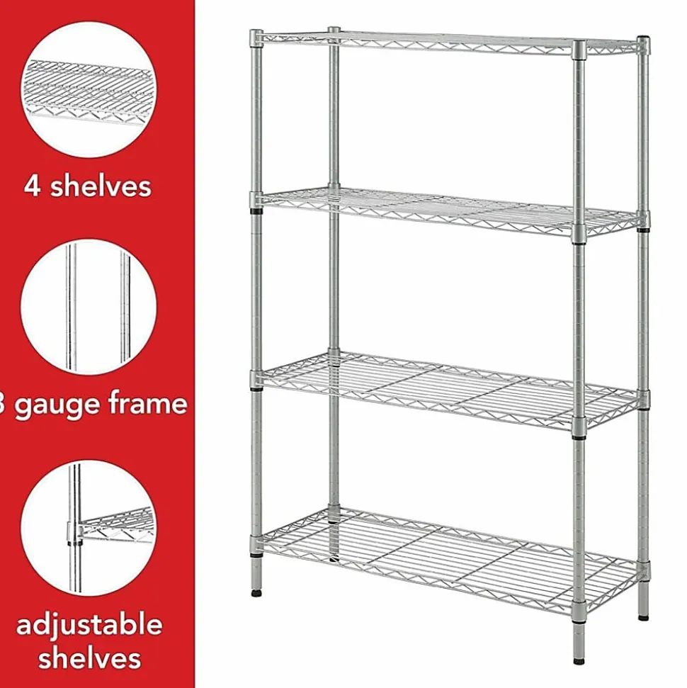 Lorell Light-Duty Wire Shelving, 4 Tier(s), 54"H x 36"W x 14"D, Floor, Sturdy, Epoxy, Silver, Plastic, Metal, Steel
