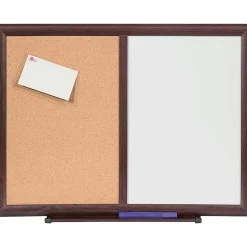 Lorell® Non-Magnetic Melamine Dry-Erase Whiteboard Cork Combo Board, 48" x 36", Mahogany Wood Frame