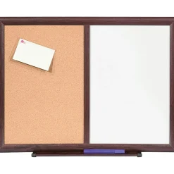 Lorell® Non-Magnetic Melamine Dry-Erase Whiteboard Cork Combo Board, 24" x 18", Mahogany Wood Frame