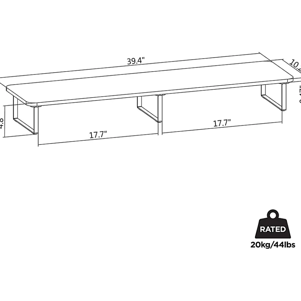Lorell Quick-Install Monitor Laptop Riser, 4.80"H x 39.40"W x 10.20"D, Powder Coated, Steel, Particleboard, Silicone, Black