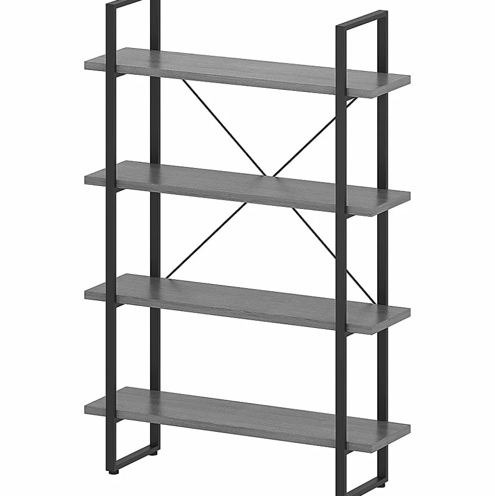 Lorell SOHO Rustic Metal Frame Bookcase, 57.5"H x 39.4"W x 11.8"D, 4 Shelve(s), Band Edge, Charcoal, Sturdy, Durable