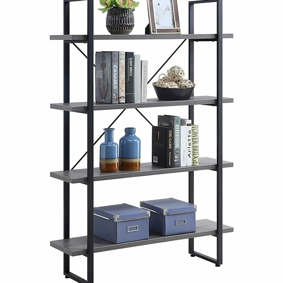 Lorell SOHO Rustic Metal Frame Bookcase, 57.5"H x 39.4"W x 11.8"D, 4 Shelve(s), Band Edge, Charcoal, Sturdy, Durable