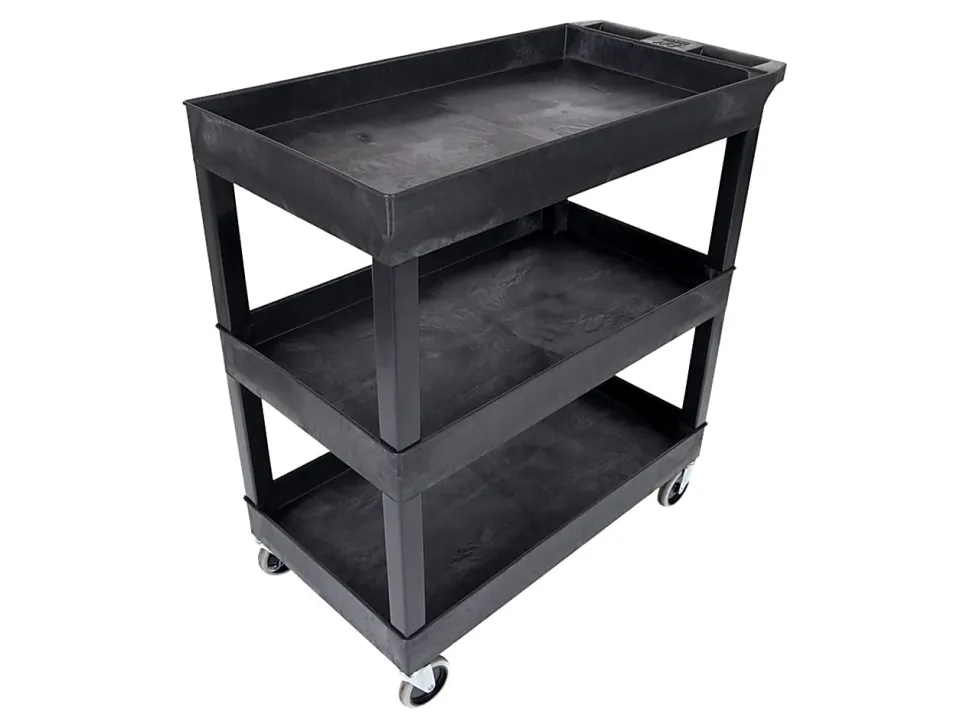 Luxor E-Series 3-Tub Plastic Utility Cart, 36 1/4"H x 35 1/4"W x 18"D, Black