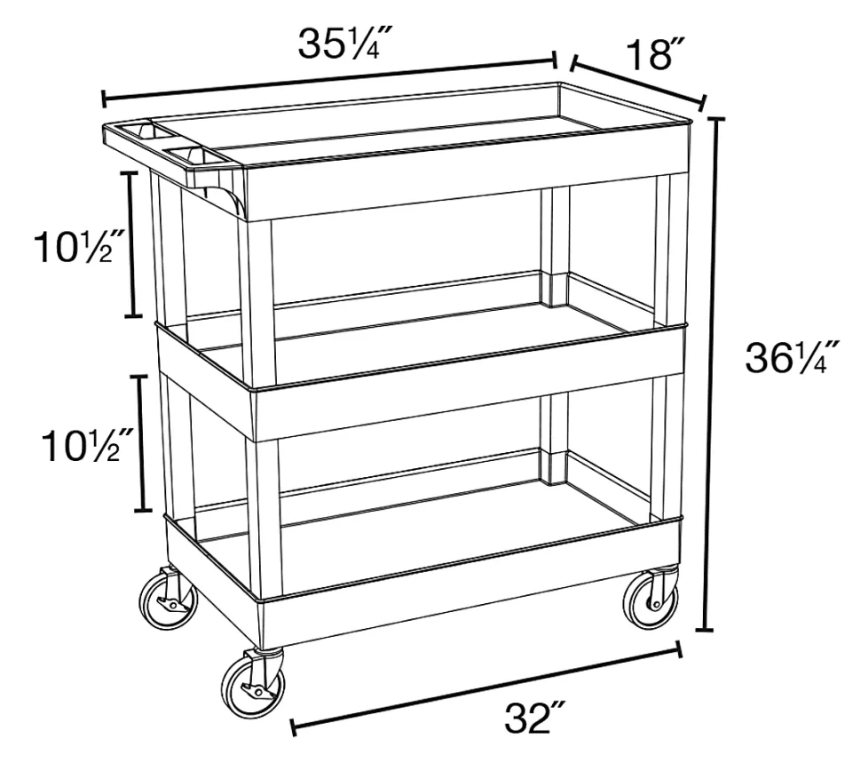 Luxor E-Series 3-Tub Plastic Utility Cart, 36 1/4"H x 35 1/4"W x 18"D, Black