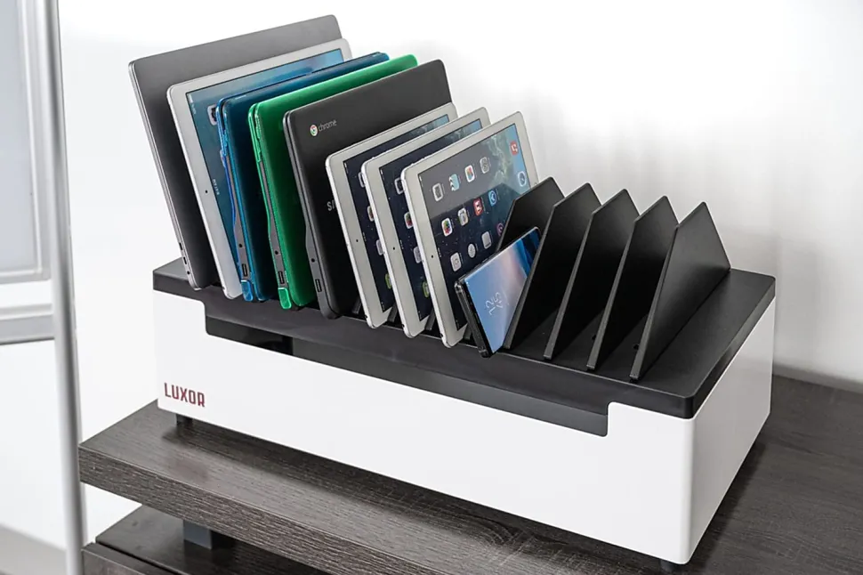 Luxor 12-Port Charging Station For Laptops, Tablets And Mobile Devices, 10-15/16”H x 23-5/8”W x 11-13/16”D, Black/White