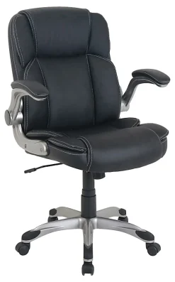 LYS NuSparc Flip Armrest Mid Back Leather Chair, Black/Silver