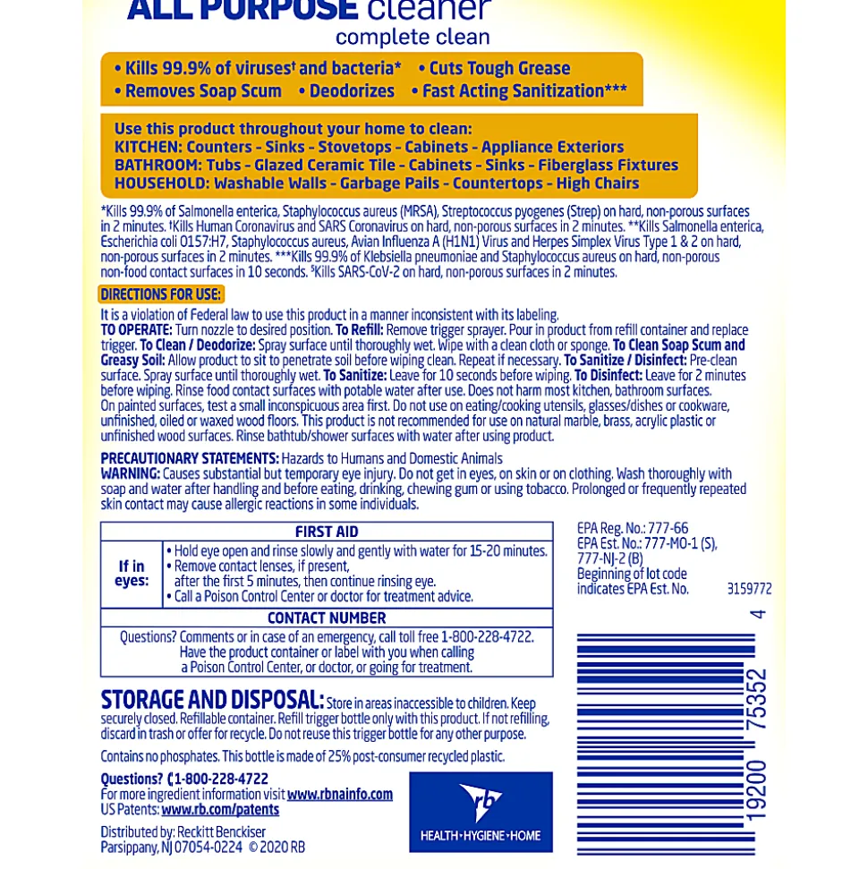 Lysol All-Purpose Cleaner, Lemon Scent, 1 Quart