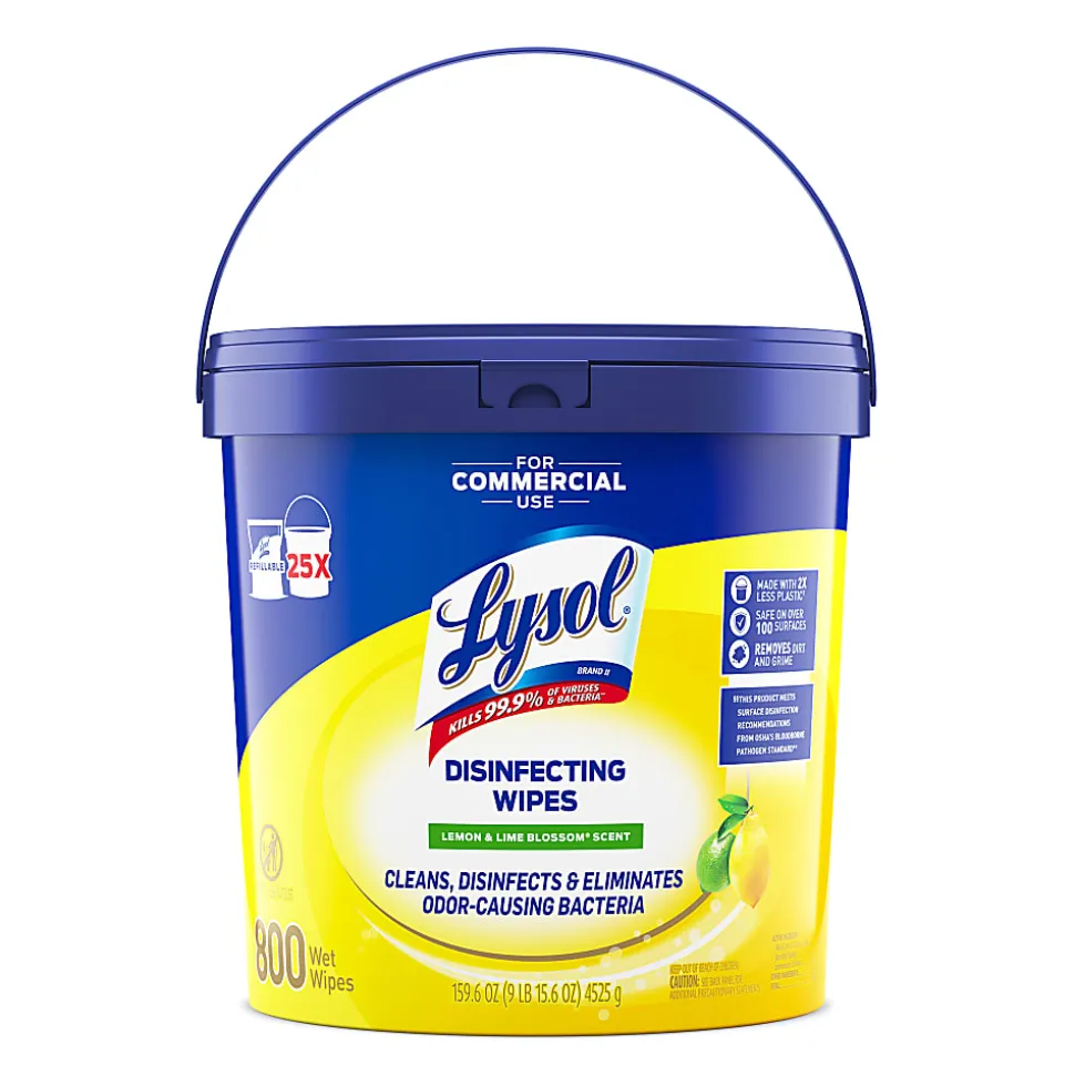 Lysol Disinfecting Wipe Bucket w/Wipes - Lemon & Lime Blossom Scent - 8" Length x 6" Width - 800 Each - White
