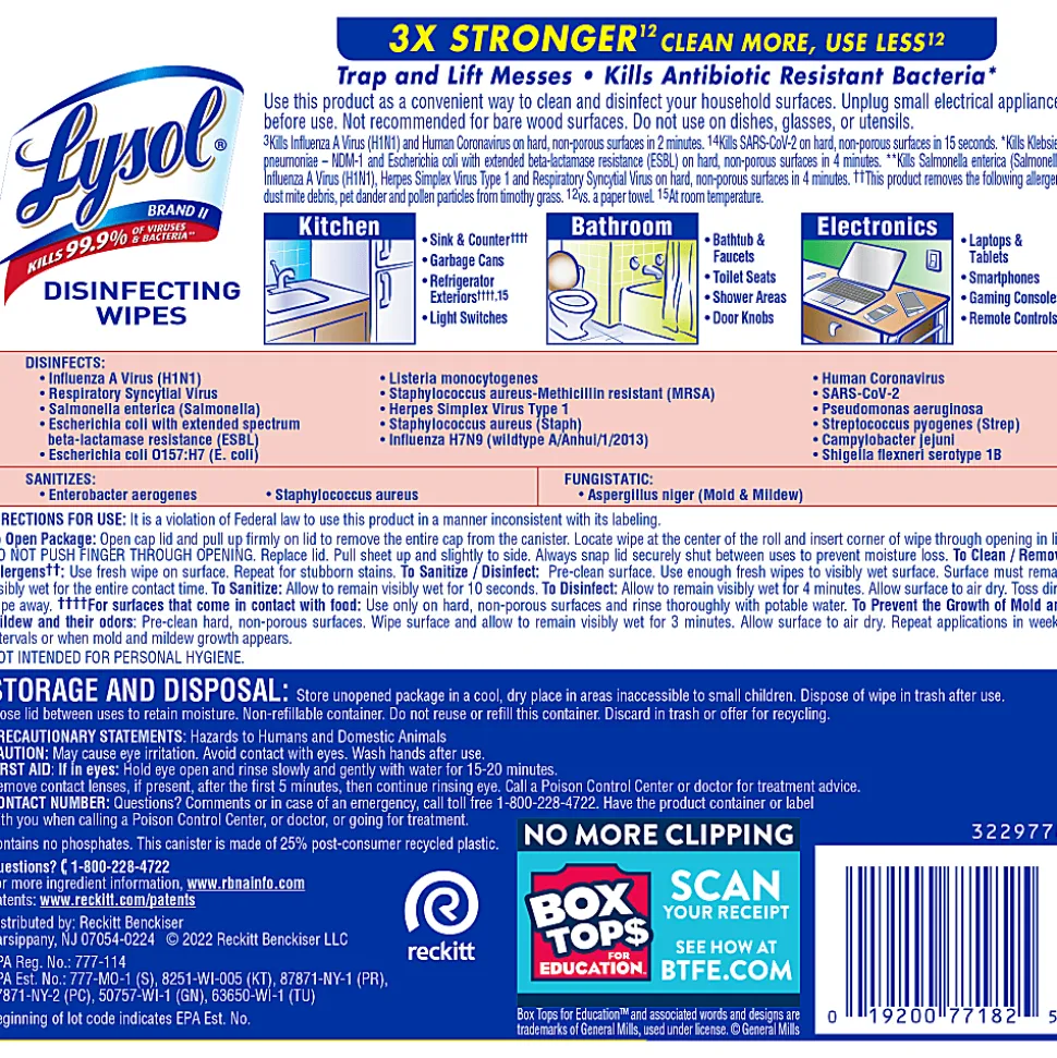 Lysol® Disinfecting Wipes, Lemon & Lime Blossom Scent, 80 Sheets Per Tub, Box Of 6