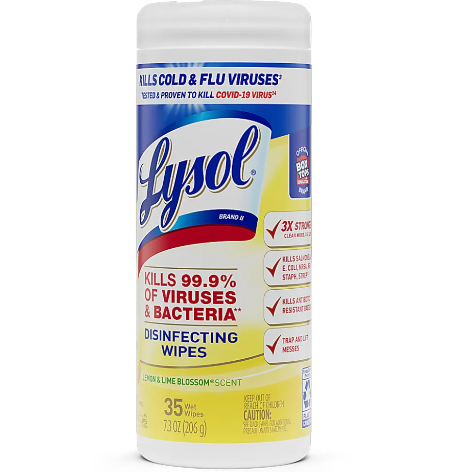 Lysol® Disinfecting Wipes, Lemon & Lime Blossom® Scent, 7" x 7.25", 35 Wipes Per Canister, Case Of 12