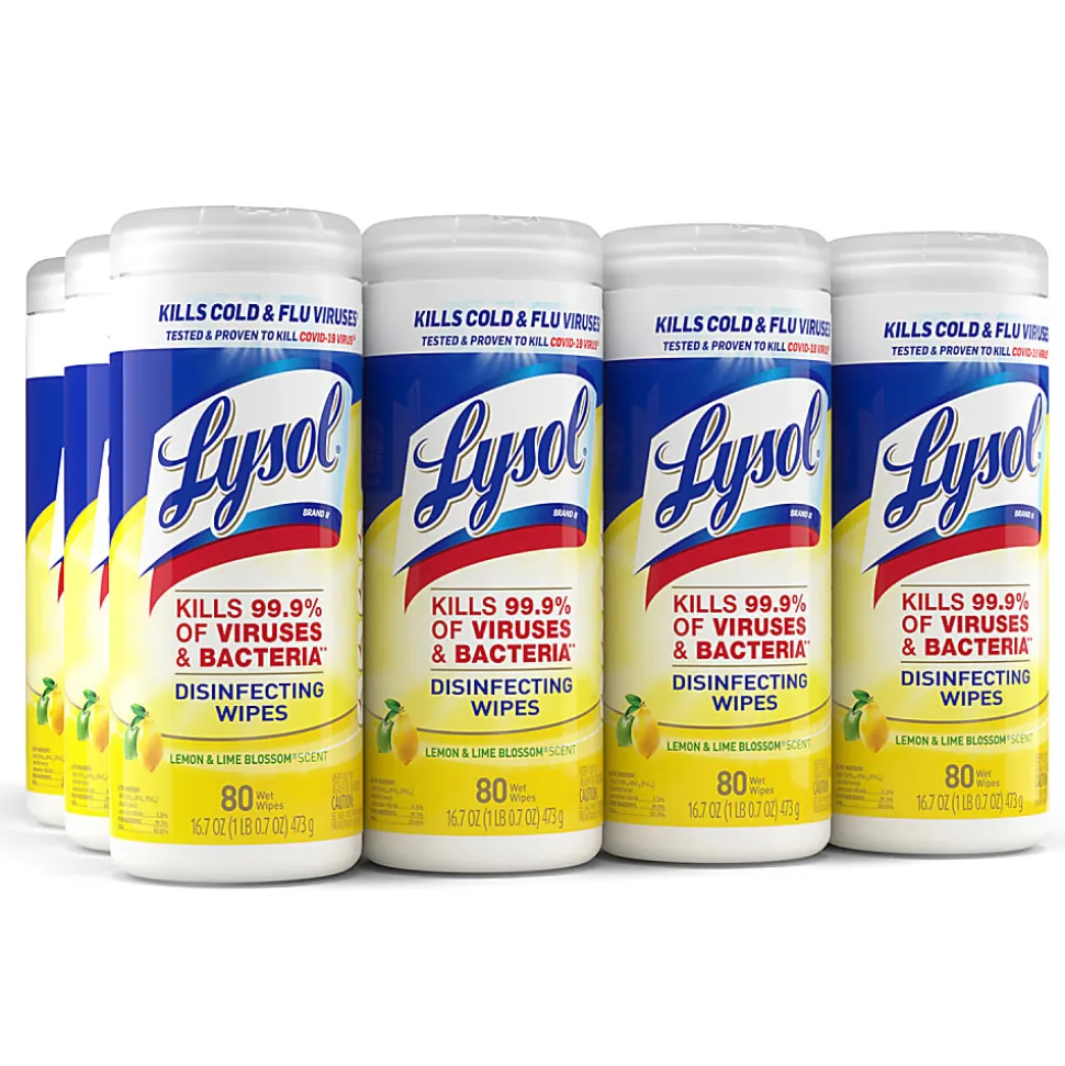 Lysol® Disinfecting Wipes, Lemon & Lime Blossom® Scent, 7" x 7.25", 35 Wipes Per Canister, Case Of 12