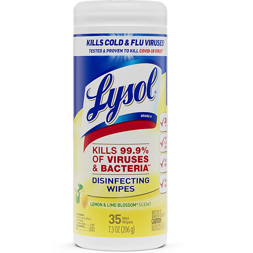 Lysol® Disinfecting Wipes, Lemon & Lime Blossom® Scent, 7" x 7.25", 35 Wipes Per Canister, Case Of 12