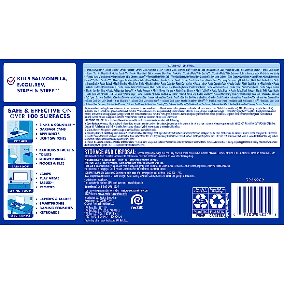 Lysol® Disinfecting Wipes, Lemon & Lime Blossom® Scent, 7" x 7.25", 80 Wipes Per Canister, Case Of 3 Canisters