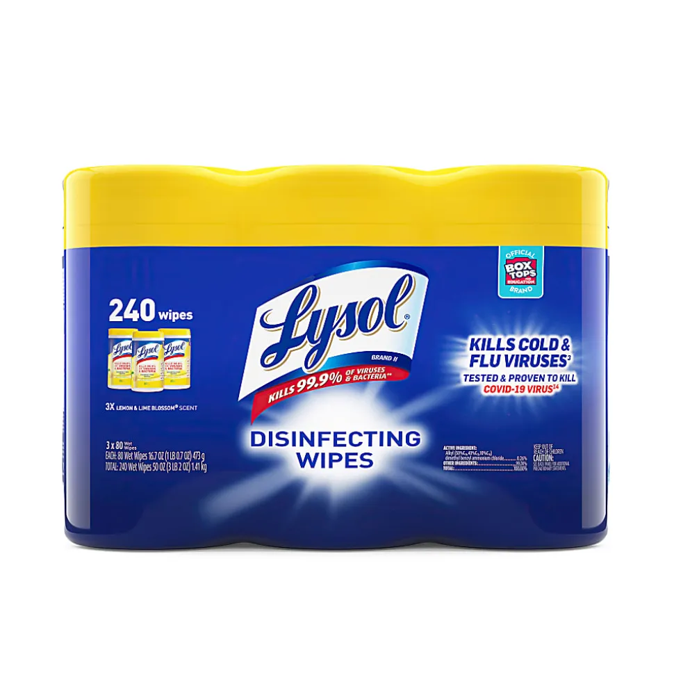 Lysol® Disinfecting Wipes, Lemon & Lime Blossom® Scent, 7" x 7.25", 80 Wipes Per Canister, Case Of 3 Canisters