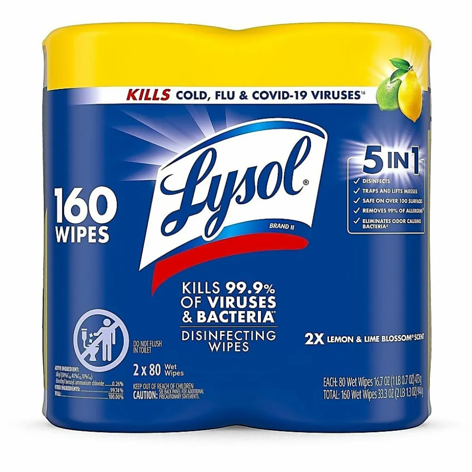 Lysol® Disinfecting Wipes, Lemon & Lime Blossom® Scent, 7" x 7.25", 80 Sheets Per Canister, Case Of 2 Canisters
