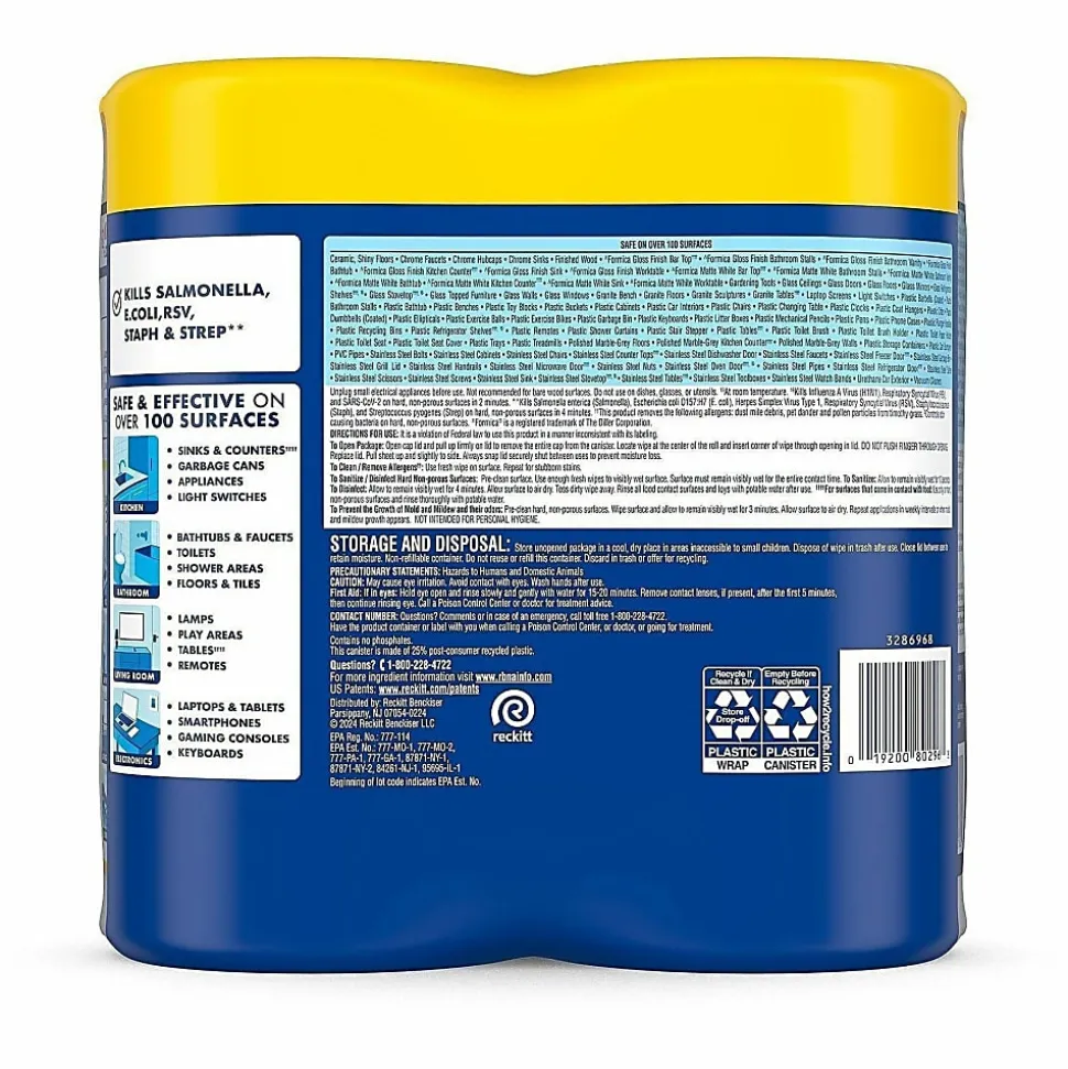 Lysol® Disinfecting Wipes, Lemon & Lime Blossom® Scent, 7" x 7.25", 80 Sheets Per Canister, Case Of 2 Canisters