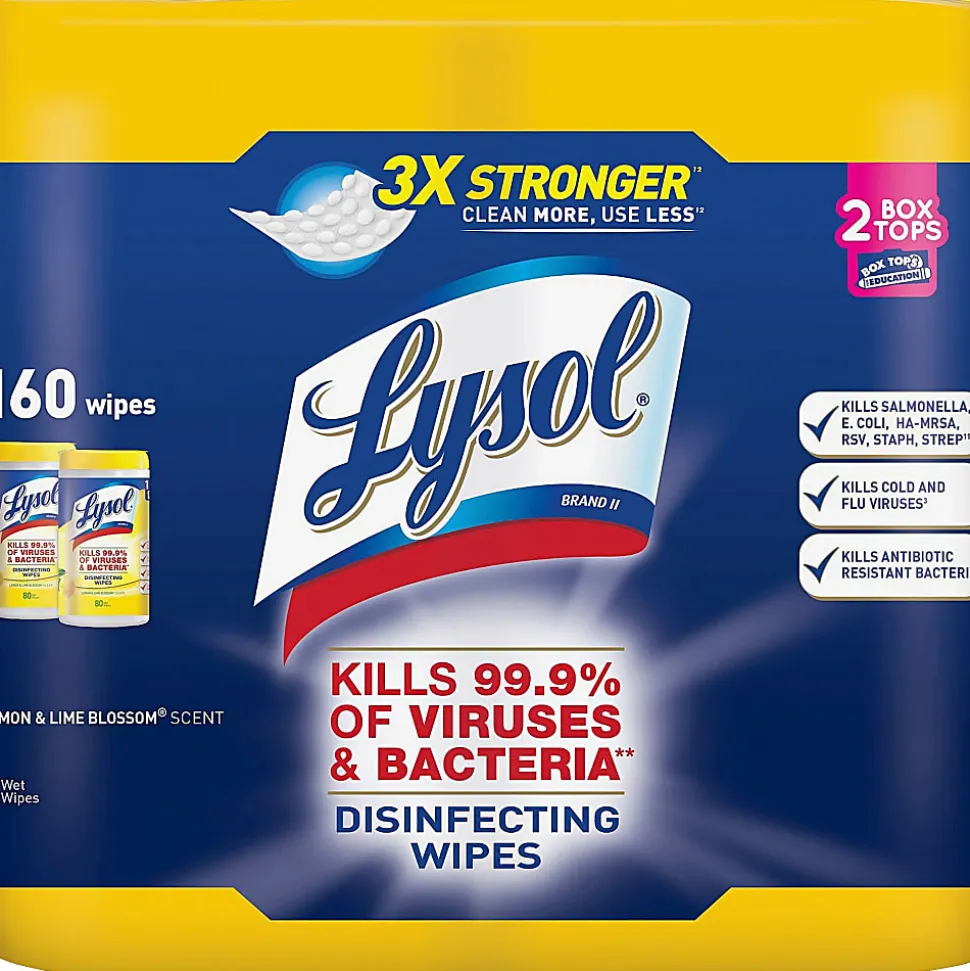 Lysol® Disinfecting Wipes, Lemon & Lime Blossom® Scent, 7" x 7.25", 80 Sheets Per Canister, Case Of 2 Canisters