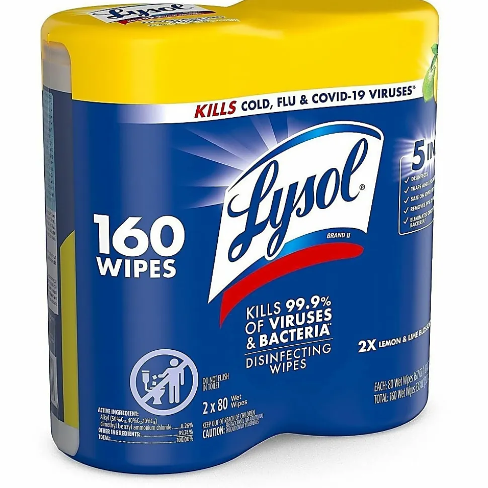 Lysol® Disinfecting Wipes, Lemon & Lime Blossom® Scent, 7" x 7.25", 80 Sheets Per Canister, Case Of 2 Canisters