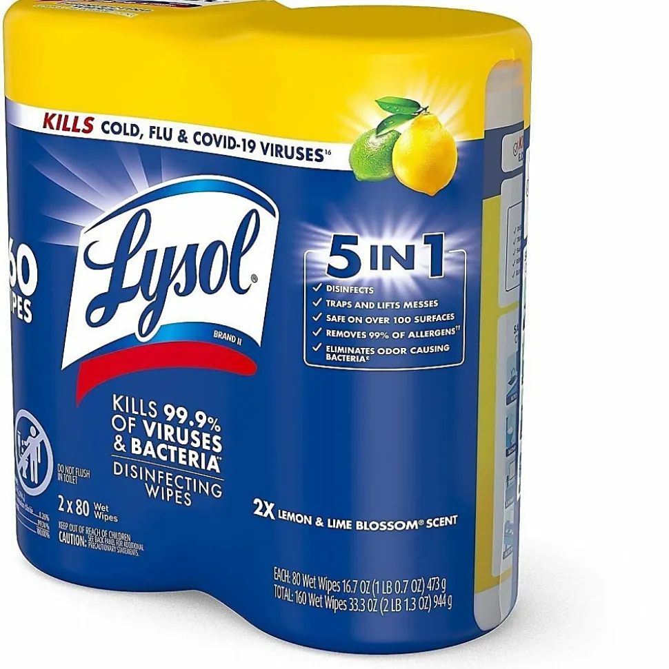 Lysol® Disinfecting Wipes, Lemon & Lime Blossom® Scent, 7" x 7.25", 80 Sheets Per Canister, Case Of 2 Canisters