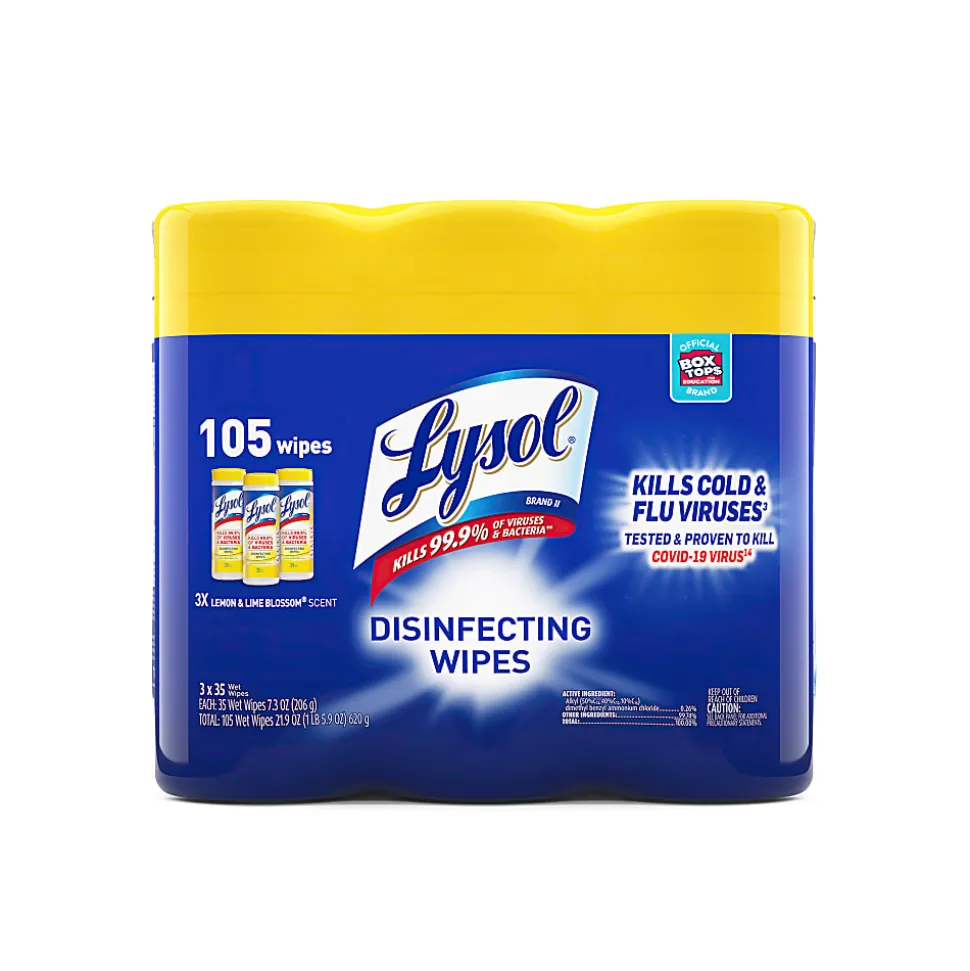 Lysol® Disinfecting Wipes, Lemon & Lime Blossom® Scent, 7" x 7.25", 35 Wipes Per Canister, Case Of 3 Canisters