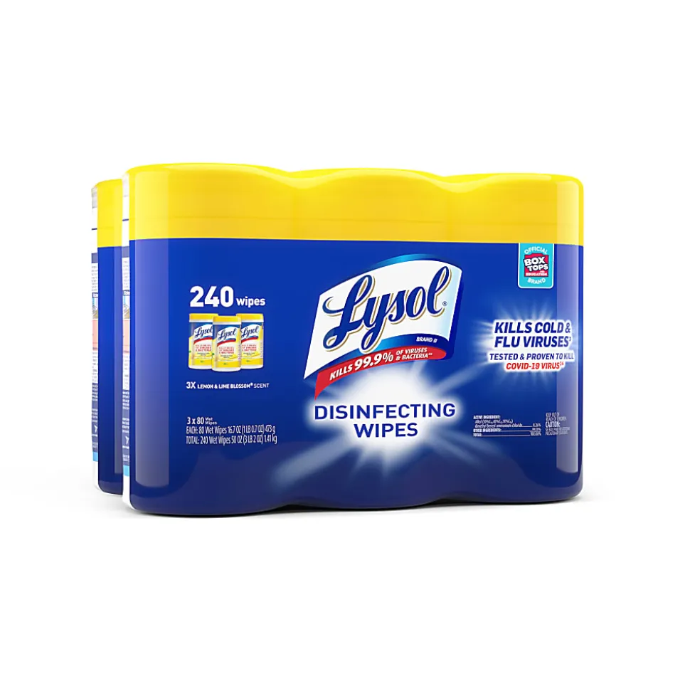 Lysol® Disinfecting Wipes, Lemon & Lime Blossom® Scent, 7" x 7.25", 35 Wipes Per Canister, Case Of 3 Canisters