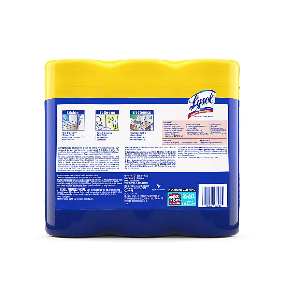 Lysol® Disinfecting Wipes, Lemon & Lime Blossom® Scent, 7" x 7.25", 35 Wipes Per Canister, Case Of 3 Canisters
