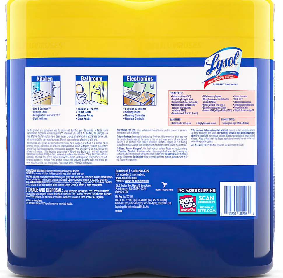 Lysol® Disinfecting Wipes, Lemon Lime Scent, 80 Wipes Per Canister, Carton Of 6 Canisters