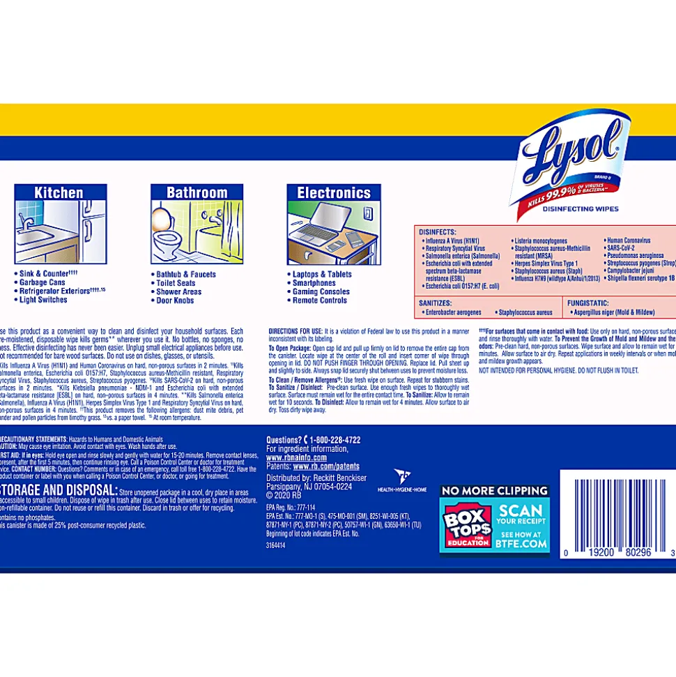 Lysol® Disinfecting Wipes, Lemon Lime Scent, 80 Wipes Per Canister, Carton Of 6 Canisters