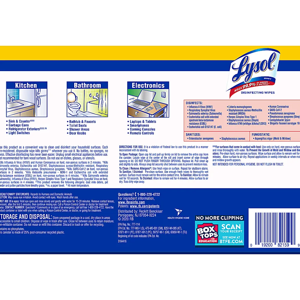 Lysol® Disinfecting Wipes, 7" x 7.25", Lemon Scent, 35 Wipes Per Canister, Carton Of 12 Canisters