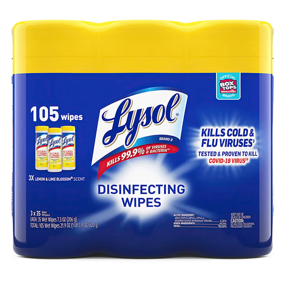 Lysol® Disinfecting Wipes, 7" x 7.25", Lemon Scent, 35 Wipes Per Canister, Carton Of 12 Canisters