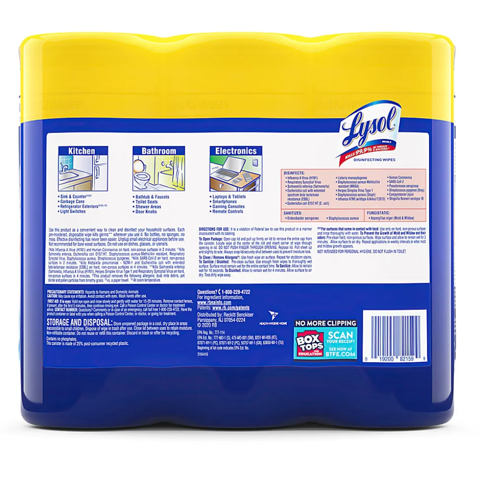 Lysol® Disinfecting Wipes, 7" x 7.25", Lemon Scent, 35 Wipes Per Canister, Carton Of 12 Canisters