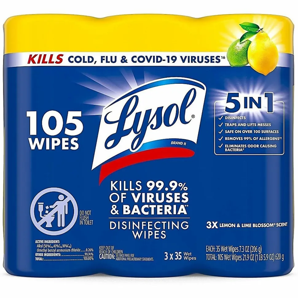 Lysol® Disinfecting Wipes, 7" x 7.25", Lemon Scent, 35 Wipes Per Canister, Carton Of 12 Canisters