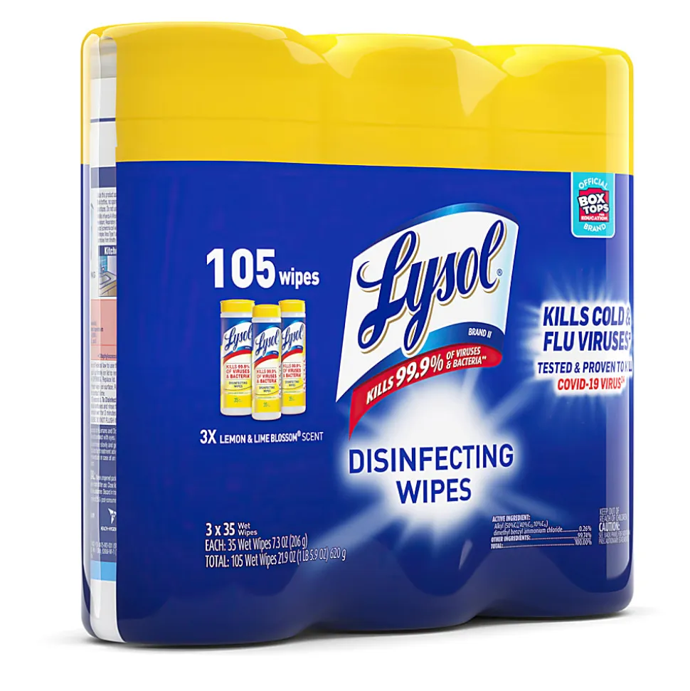Lysol® Disinfecting Wipes, 7" x 7.25", Lemon Scent, 35 Wipes Per Canister, Carton Of 12 Canisters