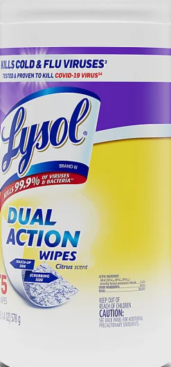 Lysol® Dual-Action Disinfecting Wipes, Citrus Scent, 7" x 7.25", Container Of 75