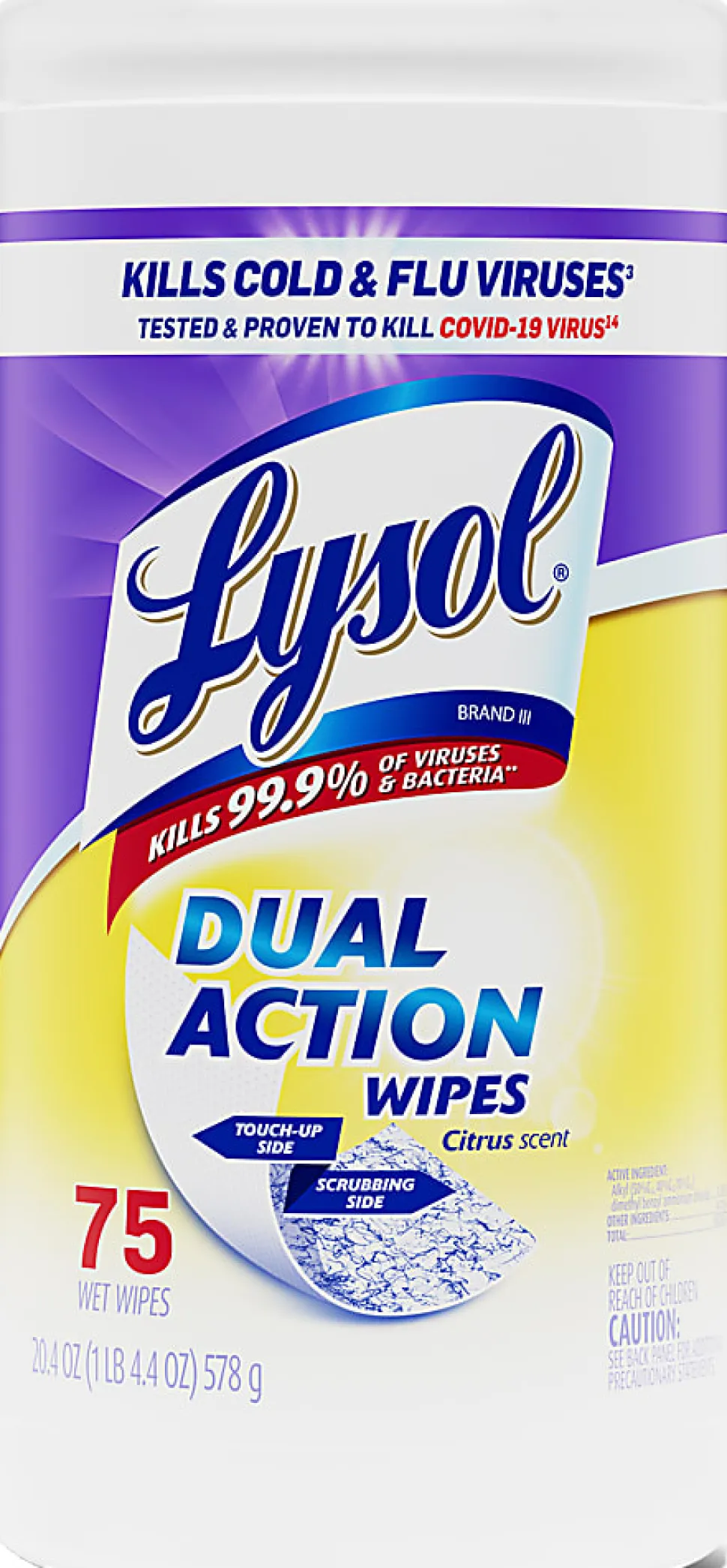 Lysol® Dual-Action Disinfecting Wipes, Citrus Scent, 7" x 7.25", Container Of 75