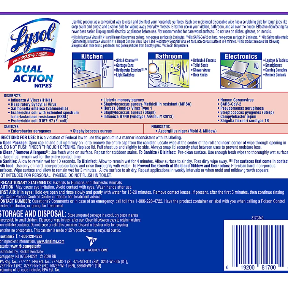 Lysol® Dual-Action Disinfecting Wipes, Citrus Scent, 7" x 7.25", Container Of 75