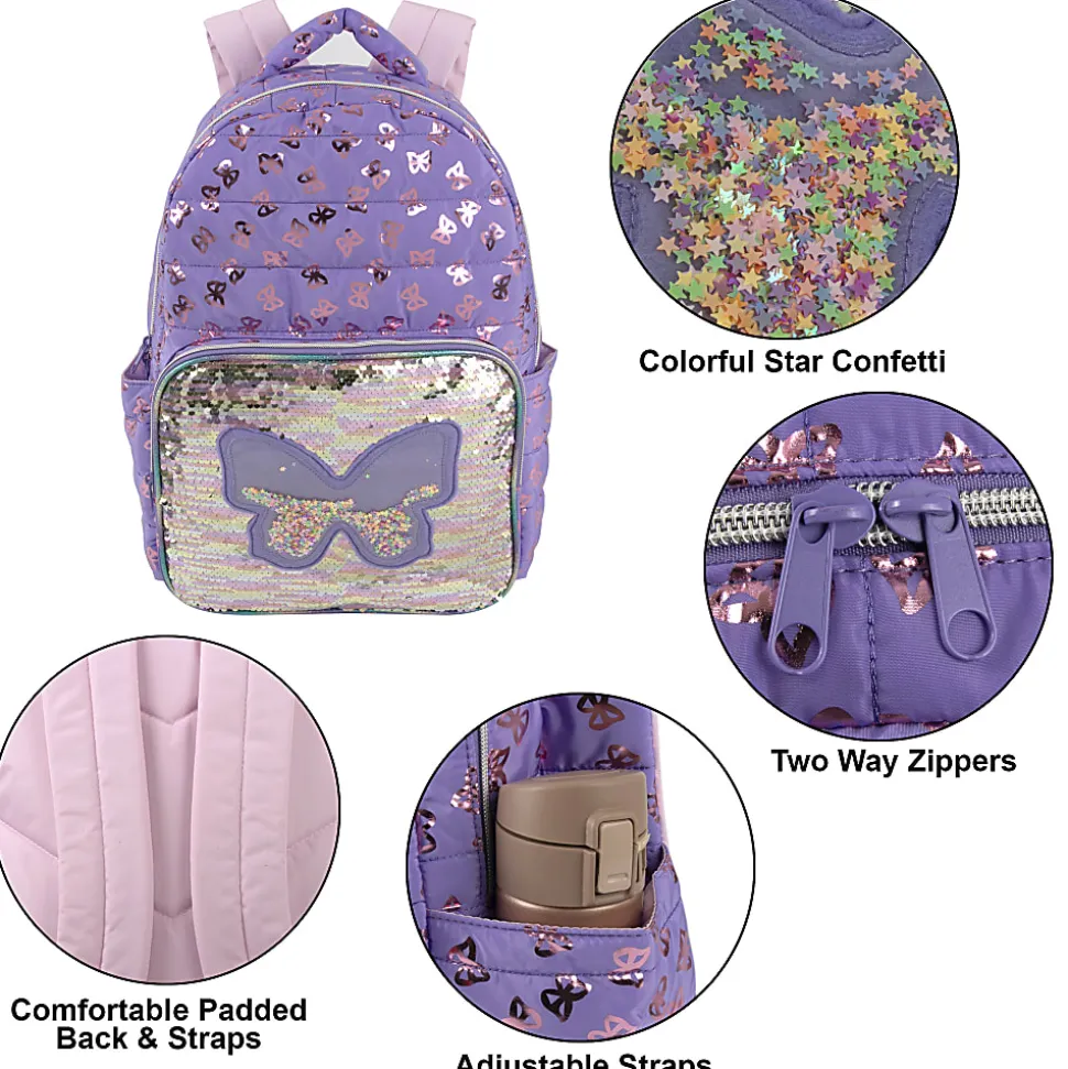 Madison & Dakota Butterfly Quilted Backpack With Lunch Box, Purple