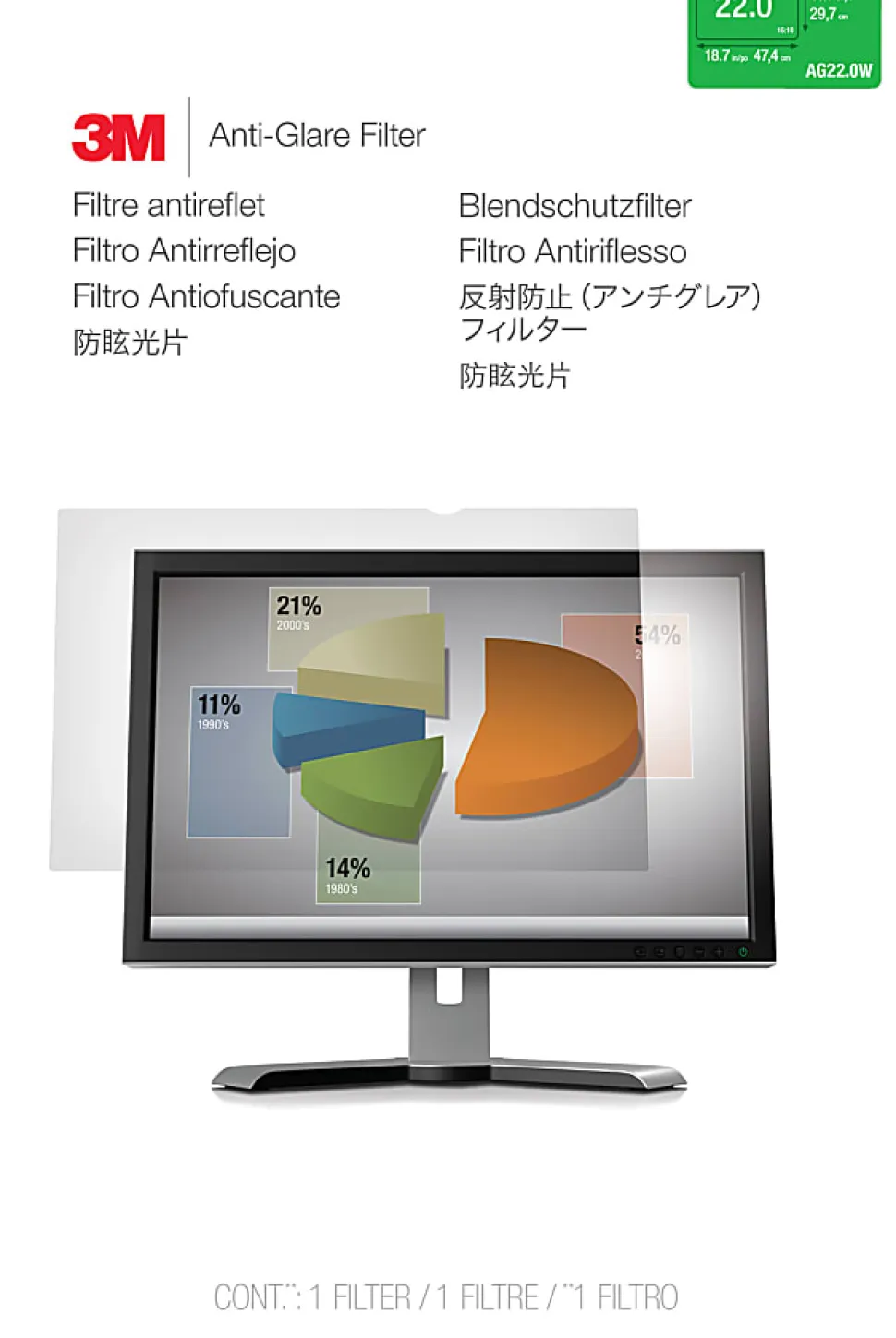 3M™ Anti-Glare Screen Filter for Monitors, 22" Widescreen (16:10), Reduces Blue Light, AG220W1B