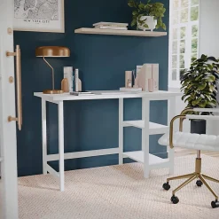 Martha Stewart Beckett 47.5"W Home Office Trestle Computer Desk With Shelves, White Wood Grain