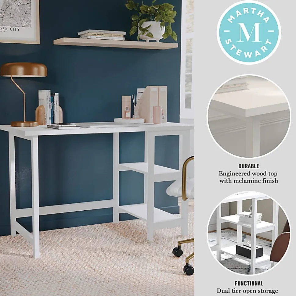 Martha Stewart Beckett 47.5"W Home Office Trestle Computer Desk With Shelves, White Wood Grain