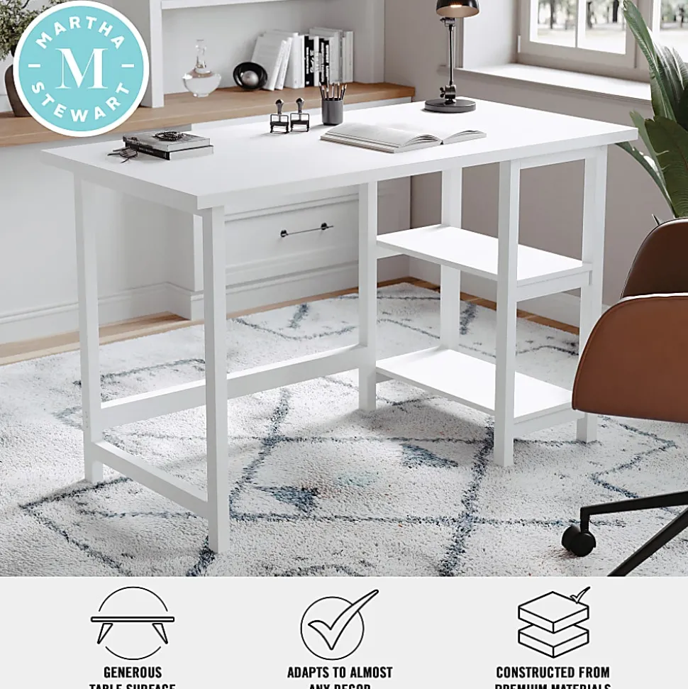 Martha Stewart Beckett 47.5"W Home Office Trestle Computer Desk With Shelves, White Wood Grain