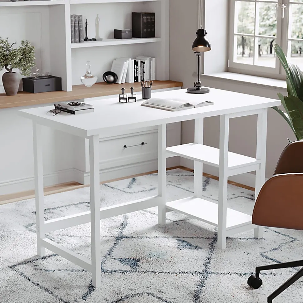 Martha Stewart Beckett 47.5"W Home Office Trestle Computer Desk With Shelves, White Wood Grain