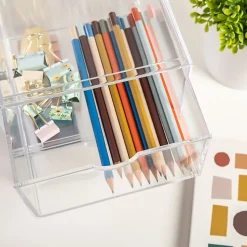Martha Stewart Brody Plastic Stackable Office Desktop Organizer Boxes With Drawers, 3-1/2"H x 6"W x 7-1/2"D, Clear, Pack Of 2 Boxes