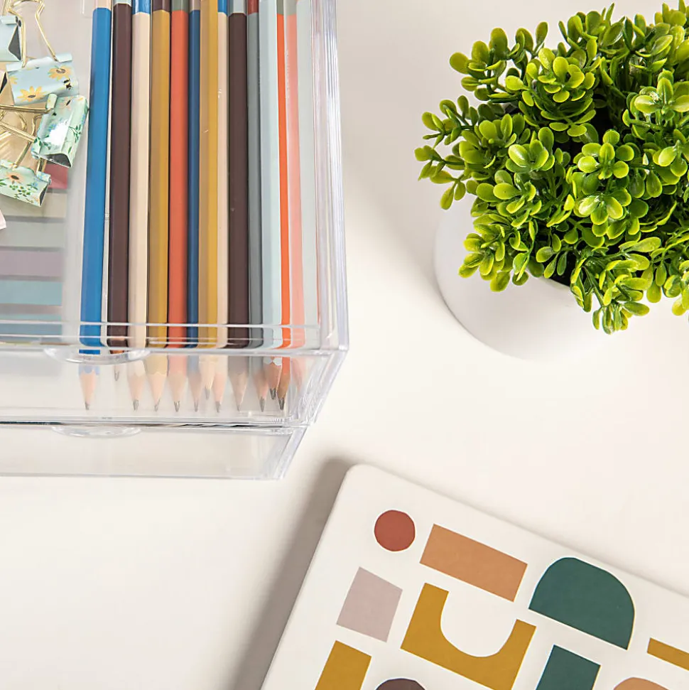 Martha Stewart Brody Plastic Stackable Office Desktop Organizer Boxes With Drawers, 3-1/2"H x 6"W x 7-1/2"D, Clear, Pack Of 2 Boxes