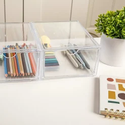Martha Stewart Brody Plastic Stackable Office Desktop Organizer Boxes With Drawers, 3-1/2