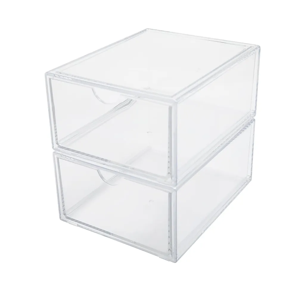 Martha Stewart Brody Plastic Stackable Office Desktop Organizer Boxes With Drawers, 3-1/2"H x 6"W x 7-1/2"D, Clear, Pack Of 2 Boxes
