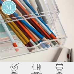 Martha Stewart Brody Plastic Stackable Office Desktop Organizer Boxes With 2 Drawers, 3-1/2"H x 6"W x 7-1/2"D, Clear, Pack Of 2 Boxes